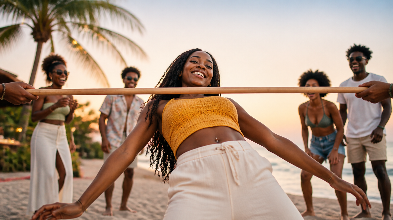 Friends playing limbo together on a beach in Accra